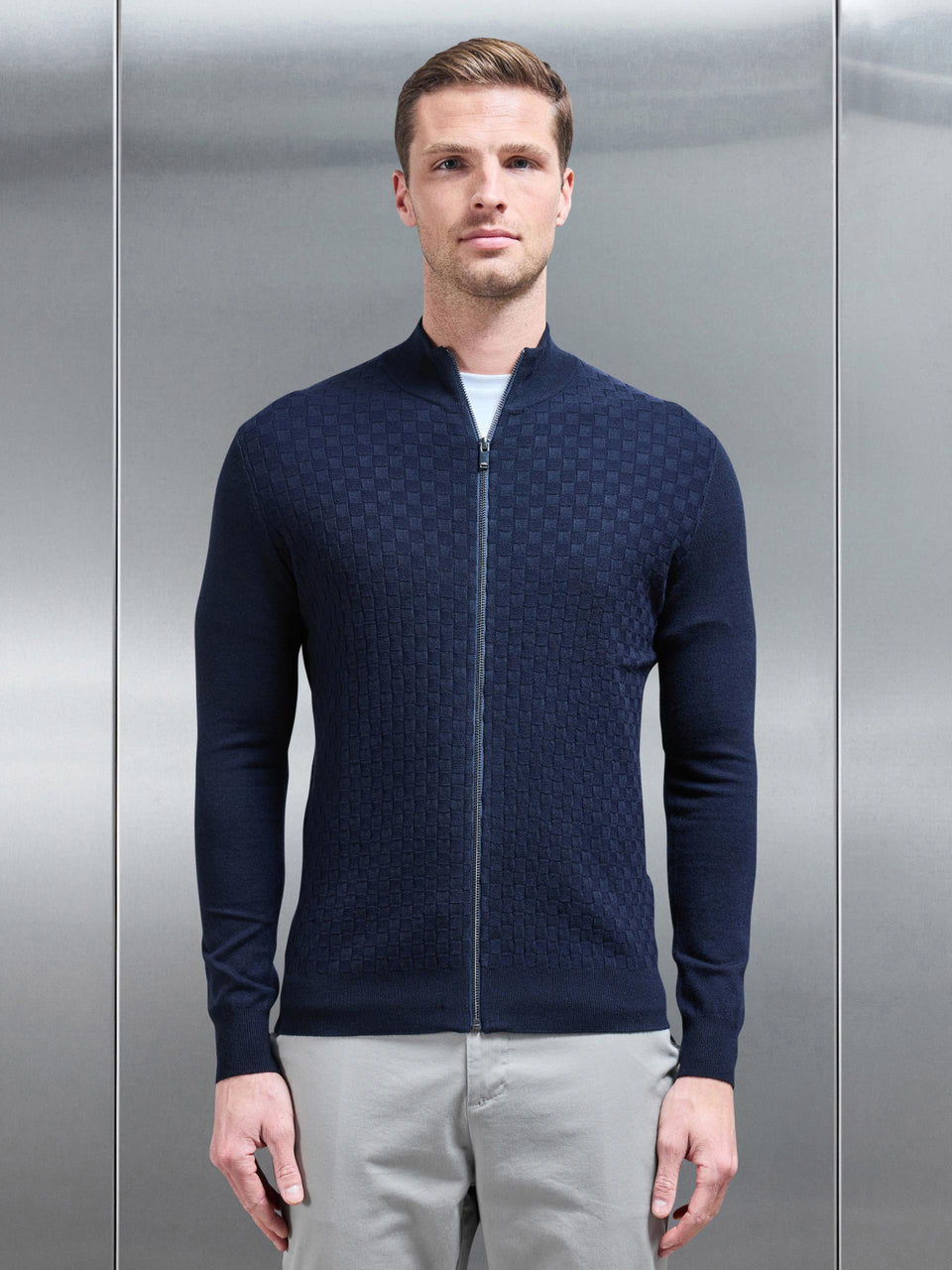 Square Textured Zip Through Jacket in Navy