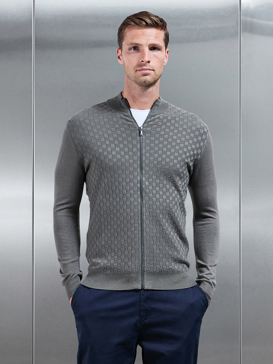 Square Textured Zip Through Jacket in Sage