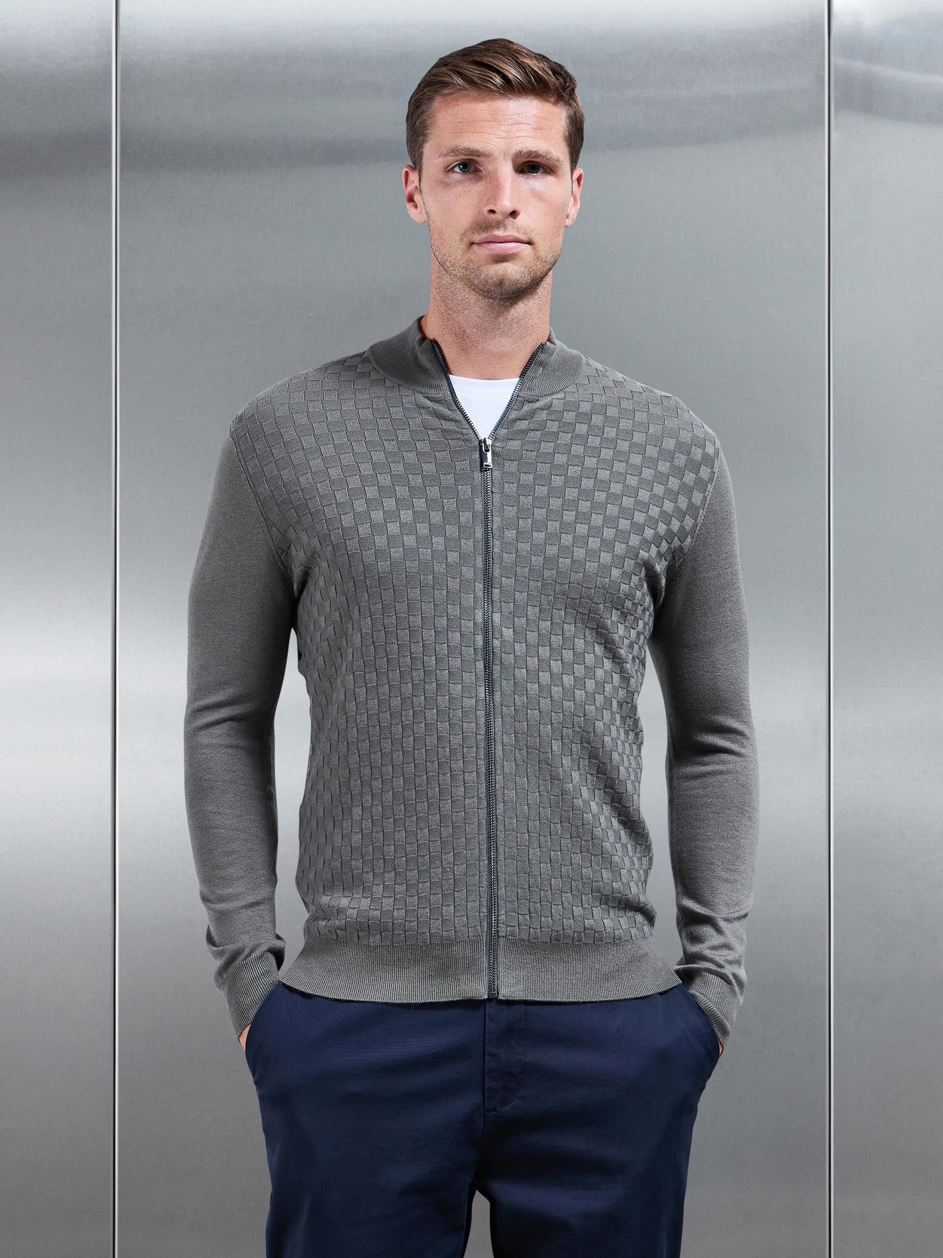 Square Textured Zip Through Jacket in Sage