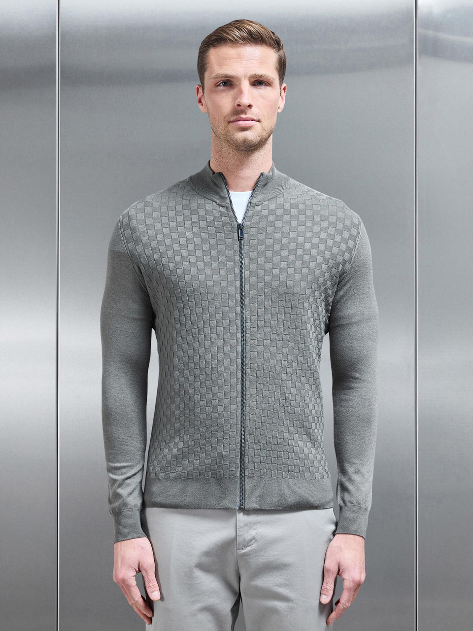 Square Textured Zip Through Jacket in Sage