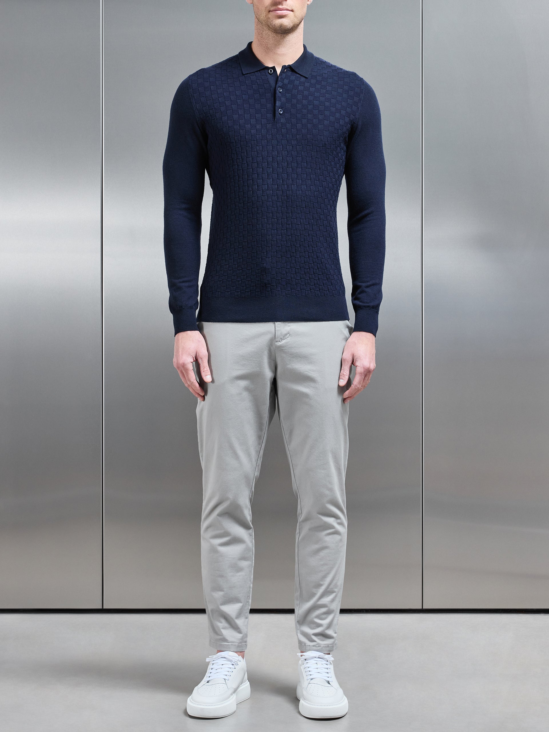 Square Textured Long Sleeve Button Polo Shirt in Navy