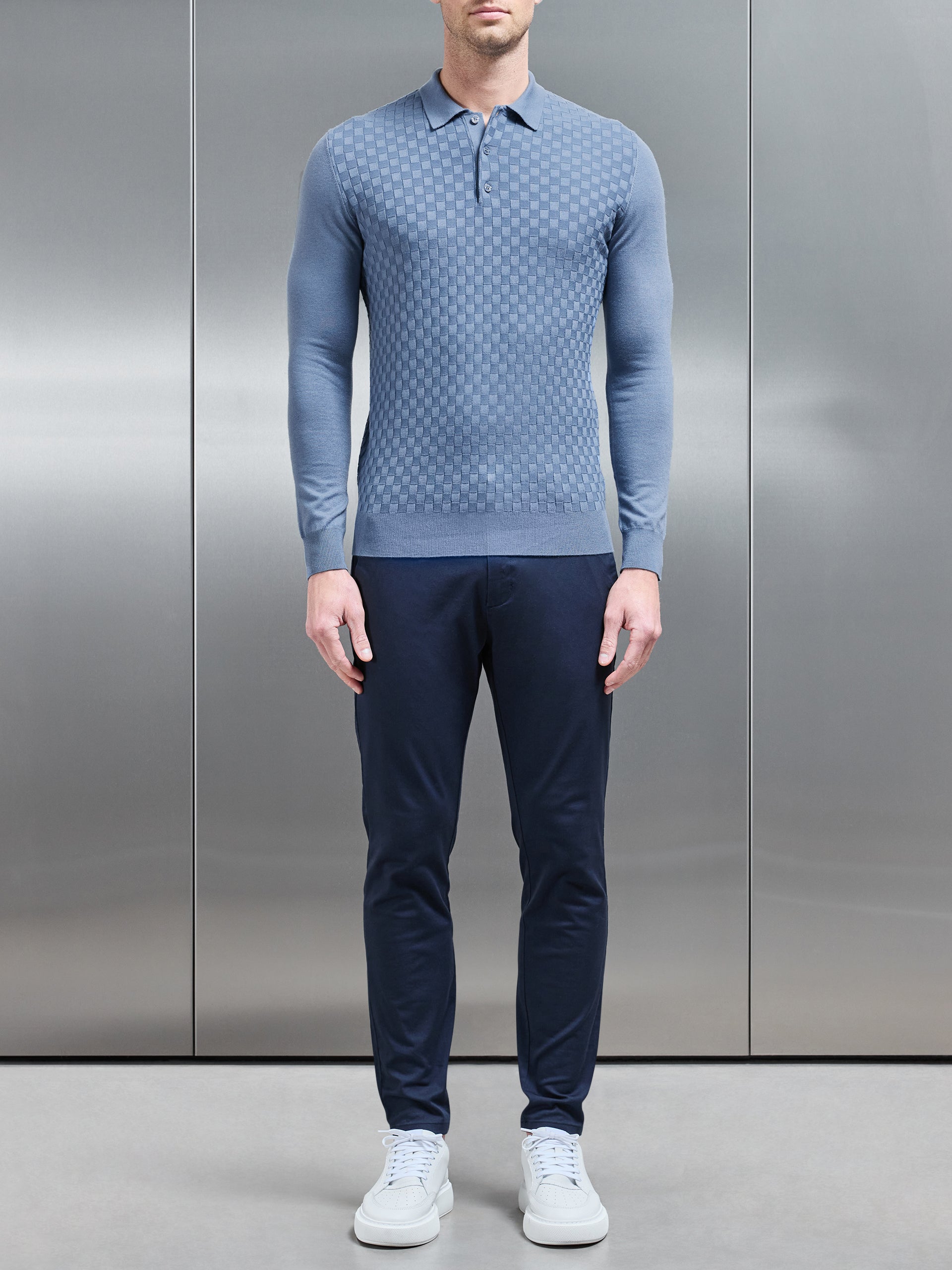 Square Textured Long Sleeve Button Polo Shirt in Silk Blue
