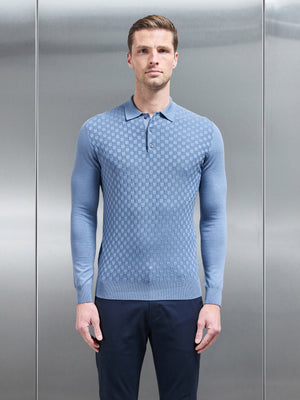 Square Textured Long Sleeve Button Polo Shirt in Silk Blue