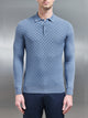 Square Textured Long Sleeve Button Polo Shirt in Silk Blue