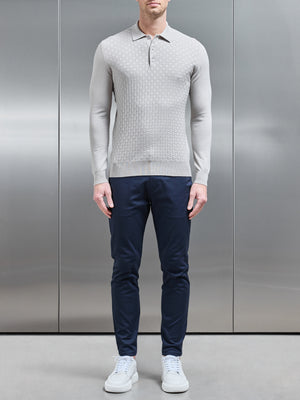 Square Textured Long Sleeve Button Polo Shirt in Stone