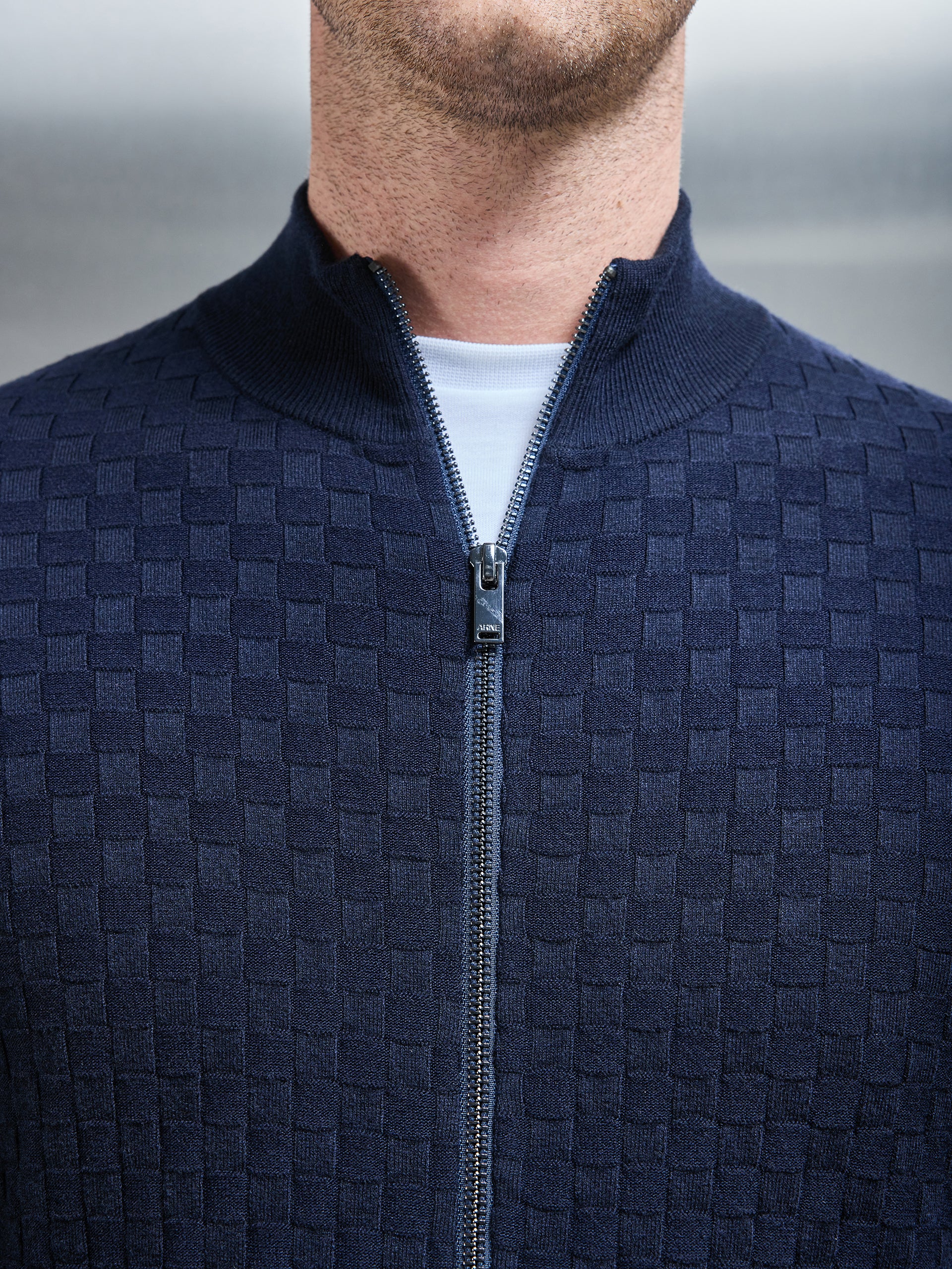 Square Textured Zip Through Jacket in Navy