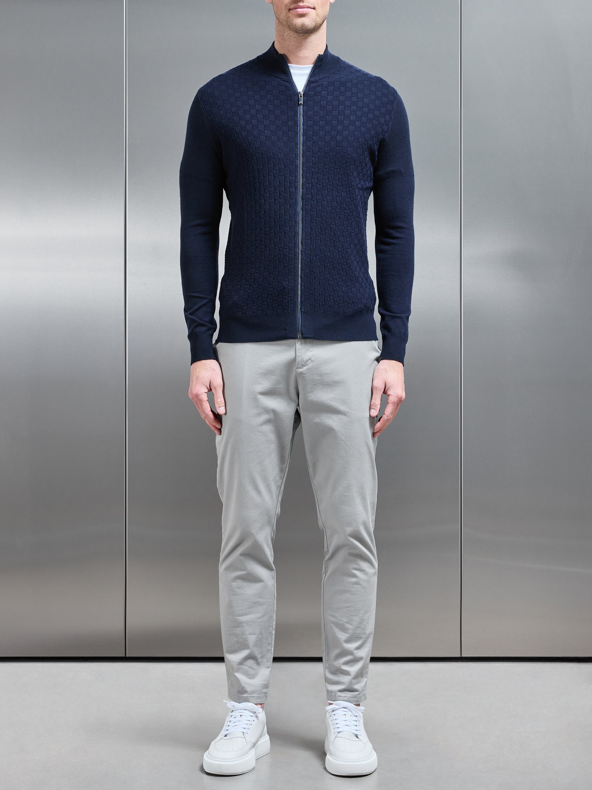 Square Textured Zip Through Jacket in Navy