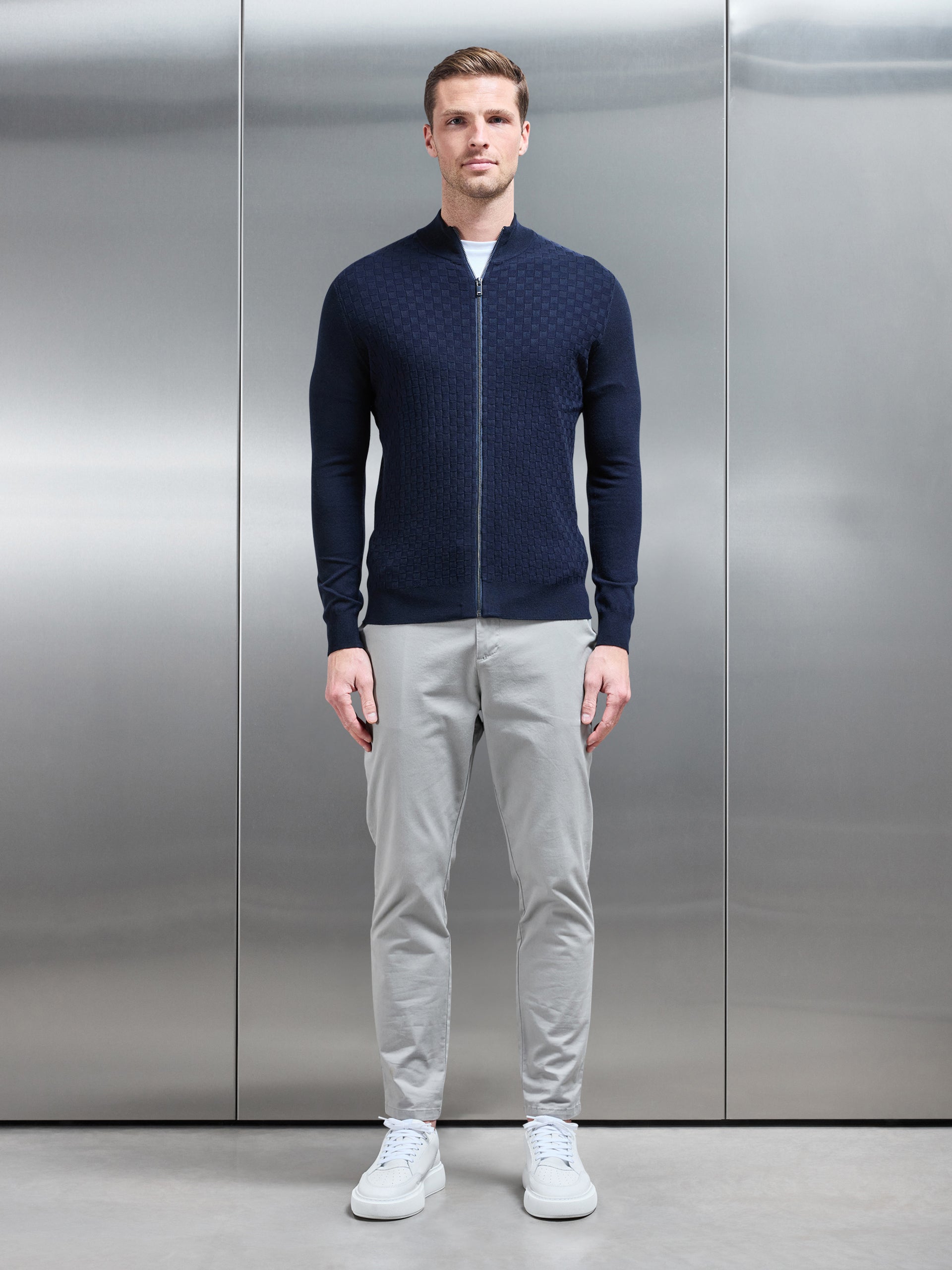 Square Textured Zip Through Jacket in Navy