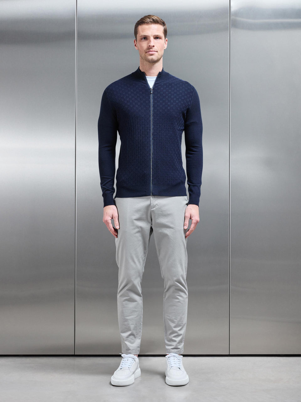 Square Textured Zip Through Jacket in Navy