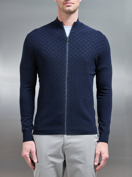 Square Textured Zip Through Jacket in Navy