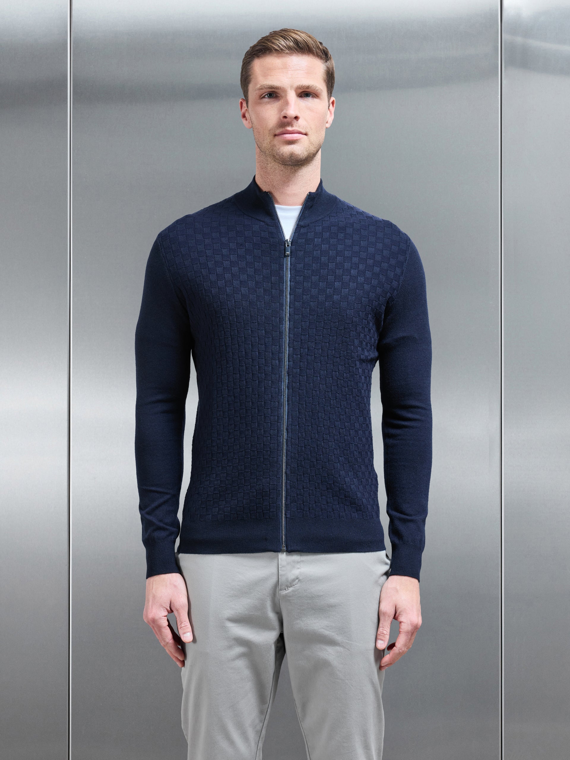Square Textured Zip Through Jacket in Navy