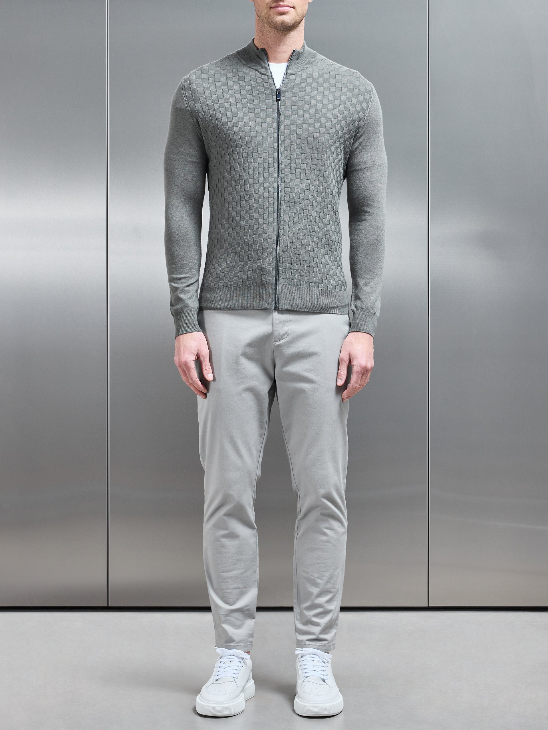 Square Textured Zip Through Jacket in Sage