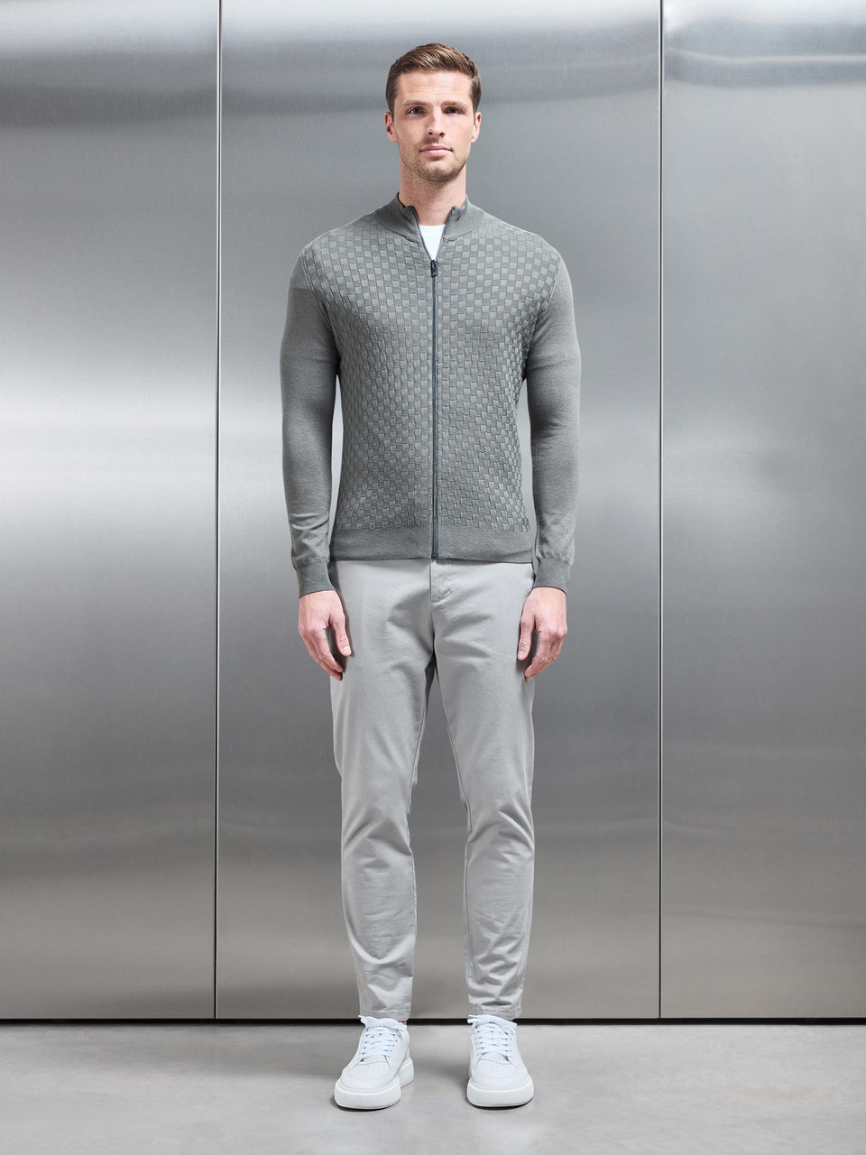 Square Textured Zip Through Jacket in Sage
