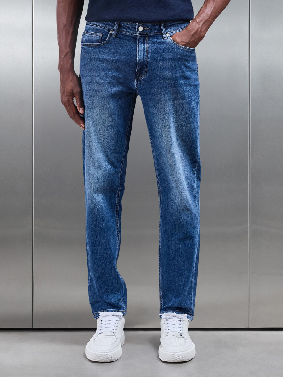 Straight Leg Denim Jeans in Mid Blue