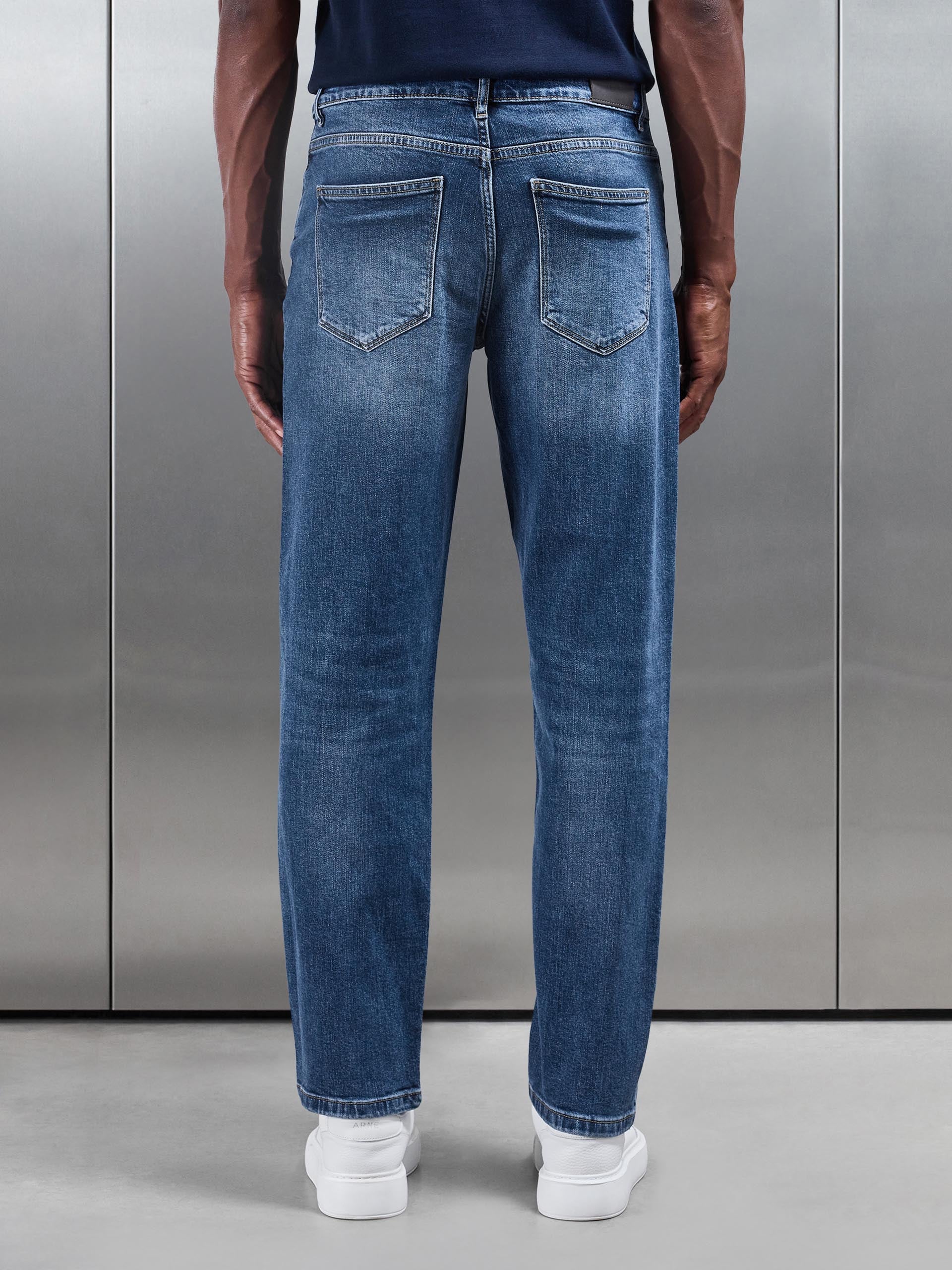 Straight Leg Denim Jeans in Mid Blue