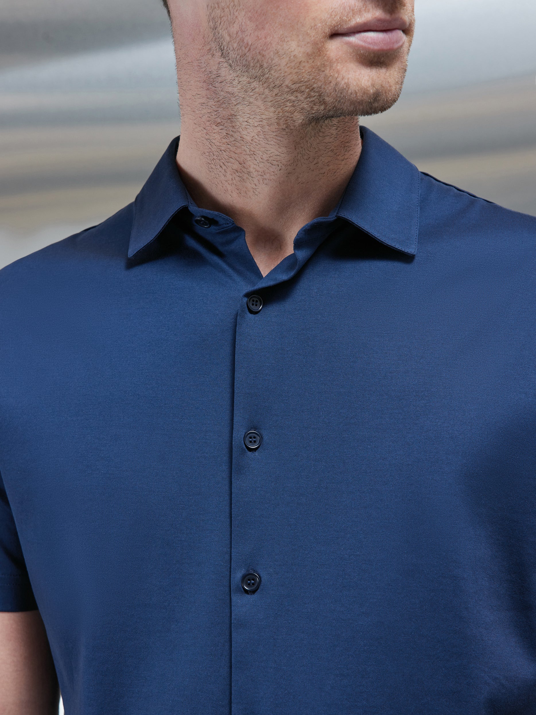 Mercerised Cotton Short Sleeve Shirt in Navy