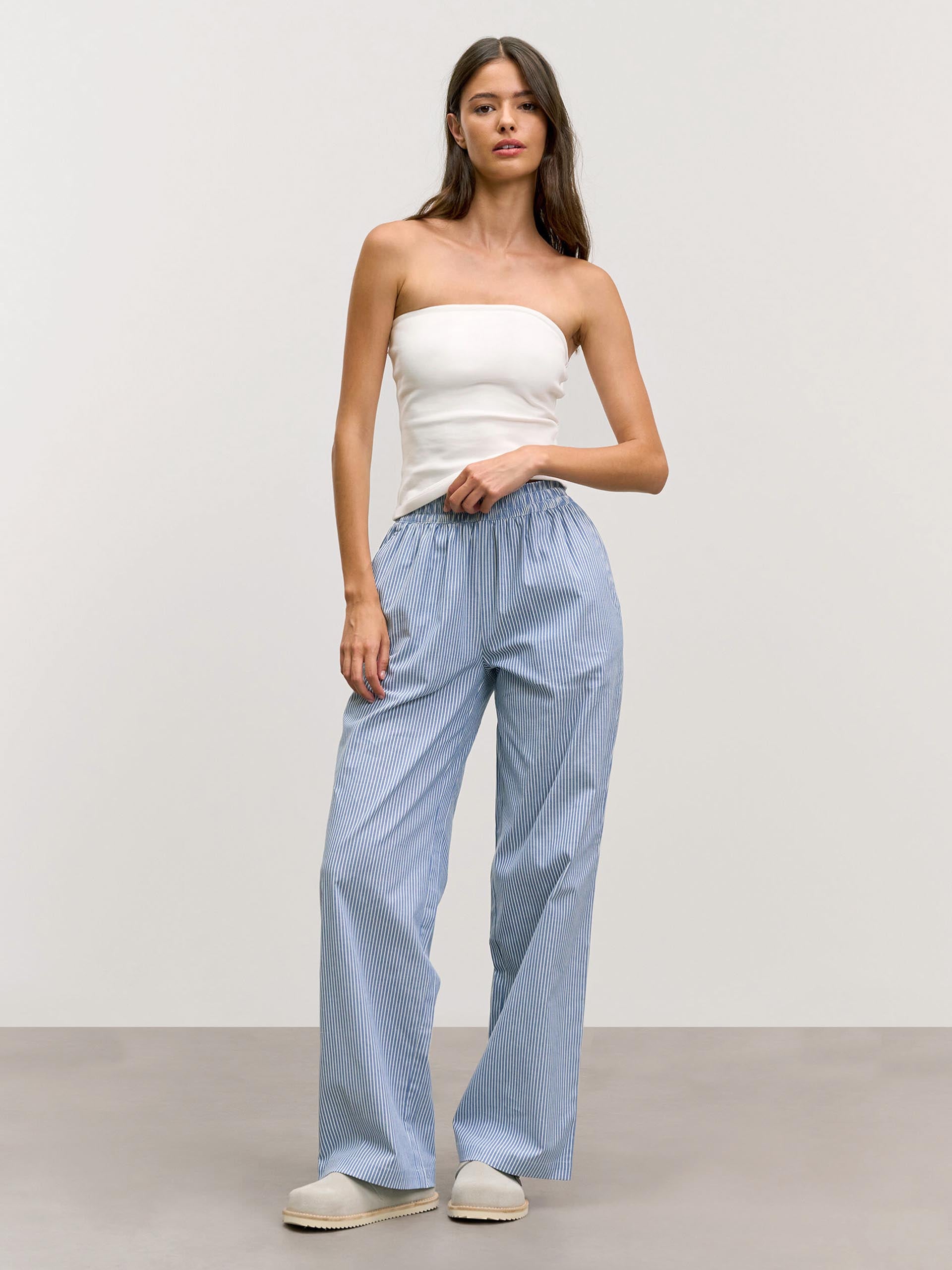 Womens Pull On Stripe Cotton Trouser in Blue