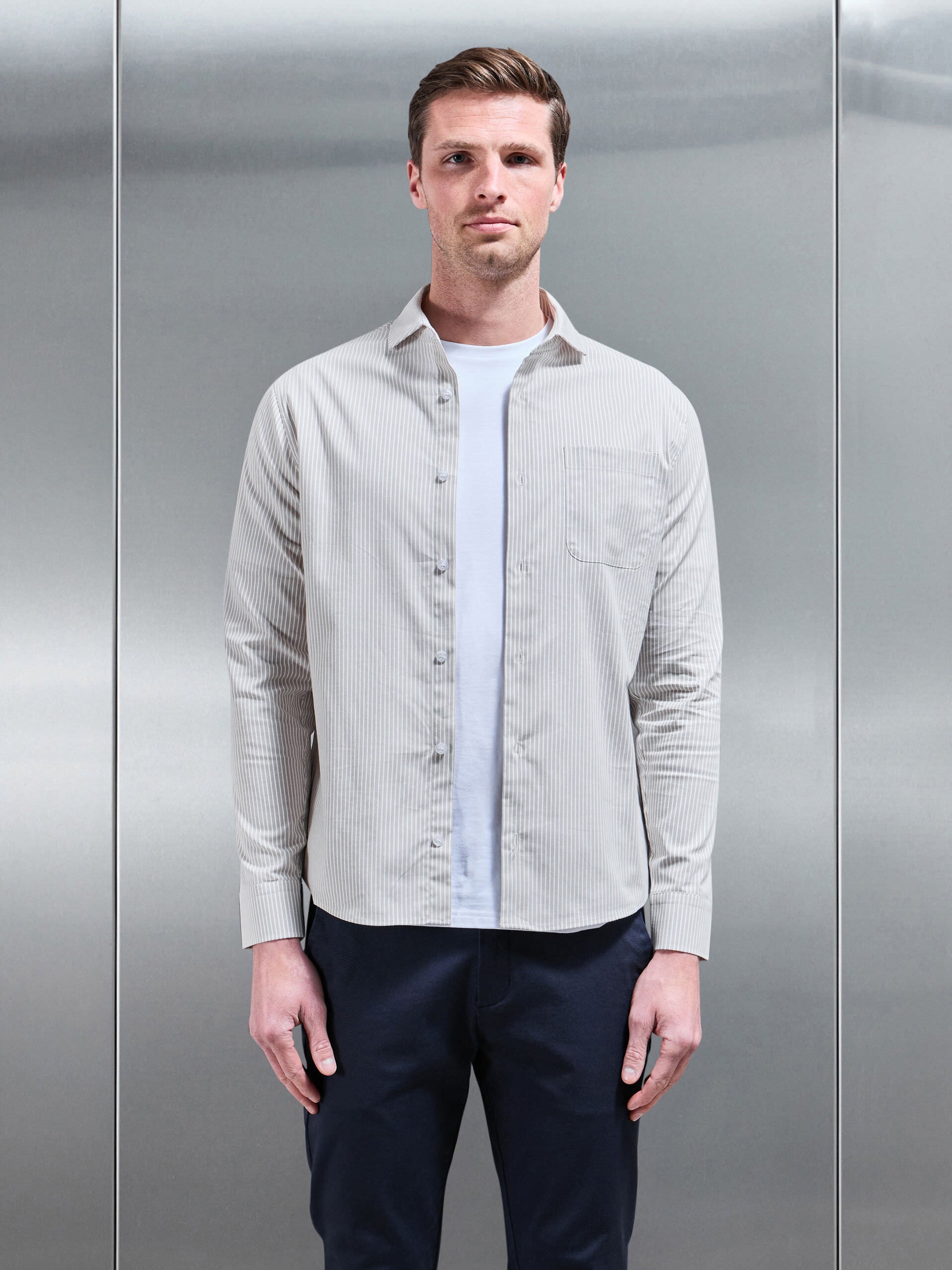 Stripe Long Sleeve Cutaway Collar Shirt in Stone