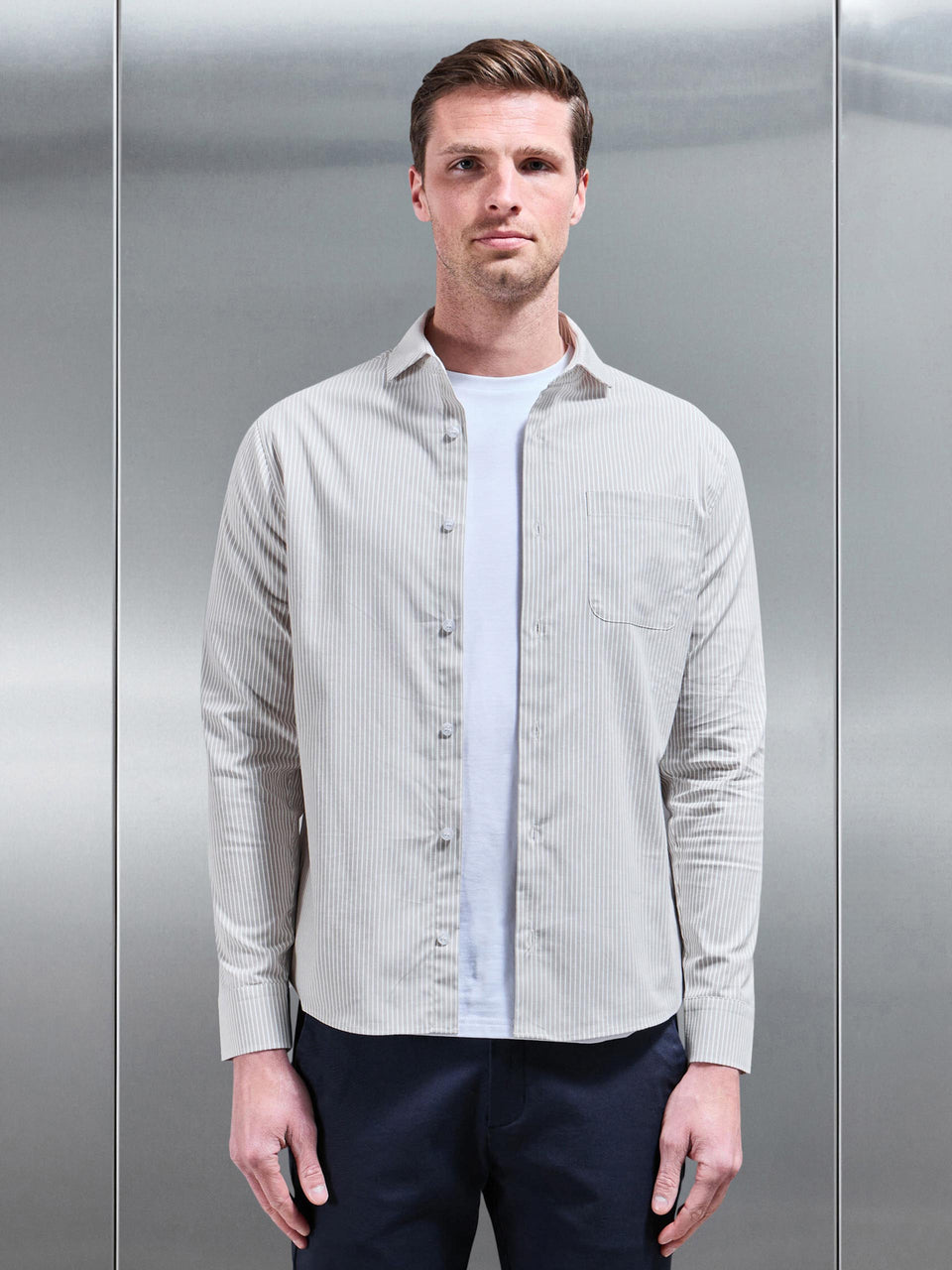 Stripe Long Sleeve Cutaway Collar Shirt in Stone