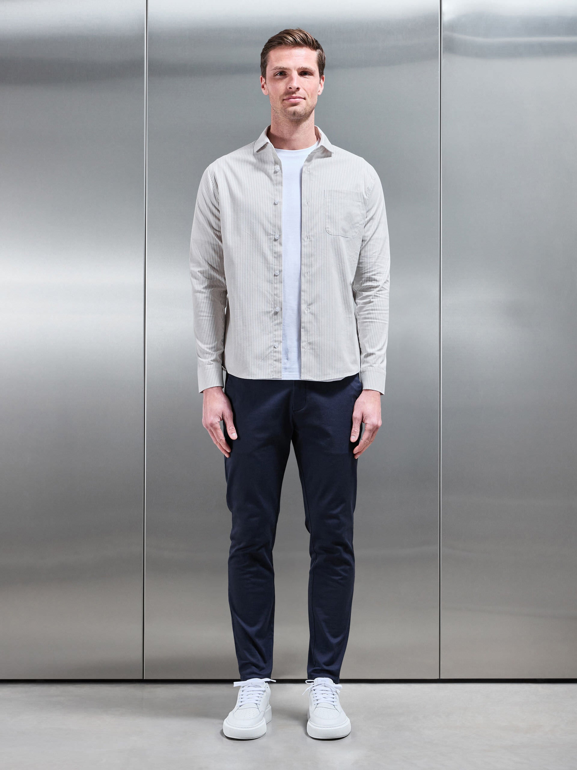 Stripe Long Sleeve Cutaway Collar Shirt in Stone