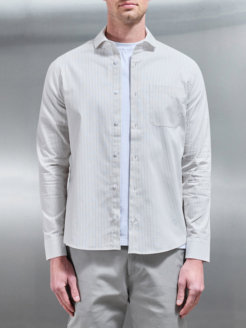 Stripe Long Sleeve Cutaway Collar Shirt in White