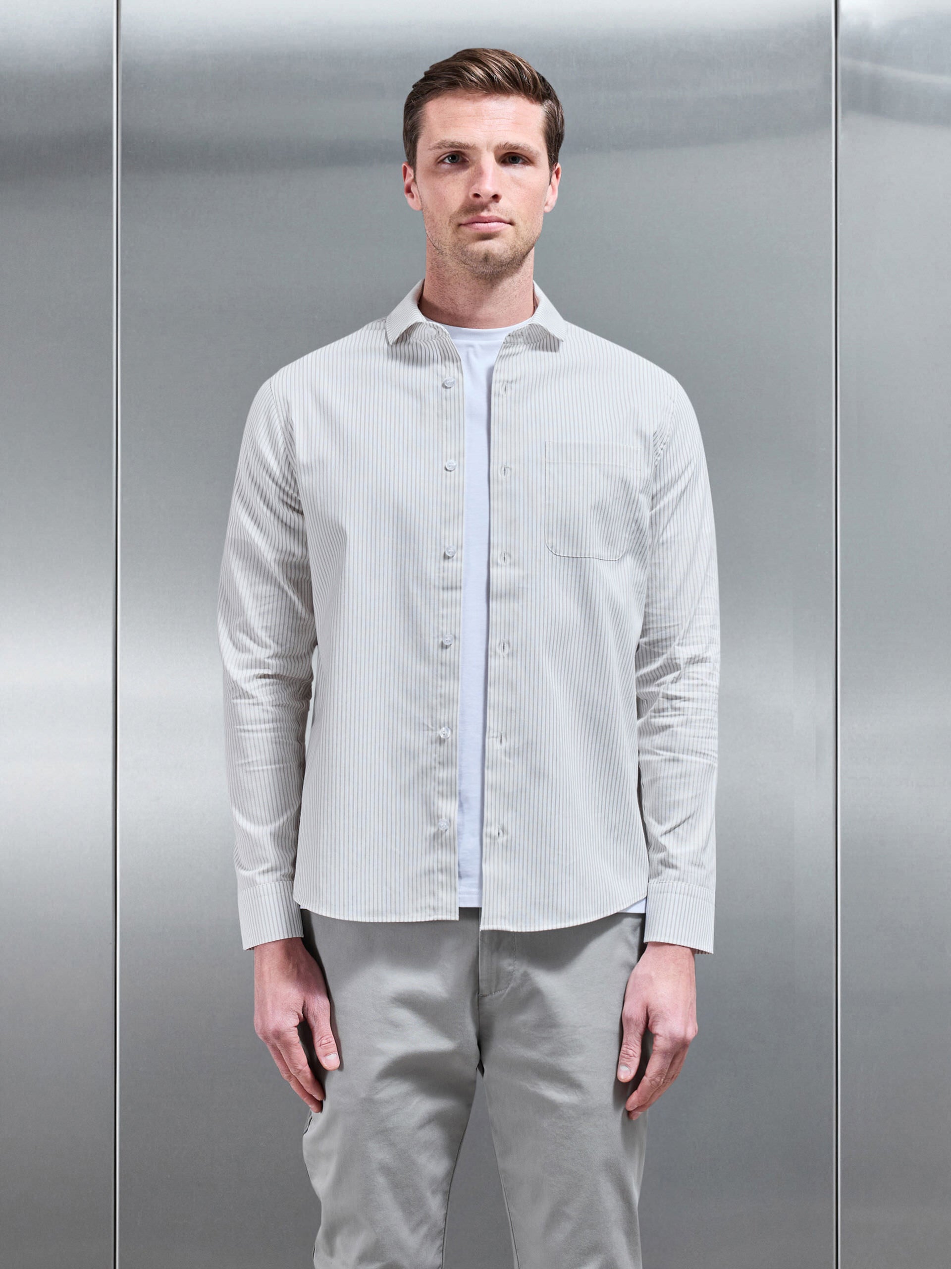 Stripe Long Sleeve Cutaway Collar Shirt in White