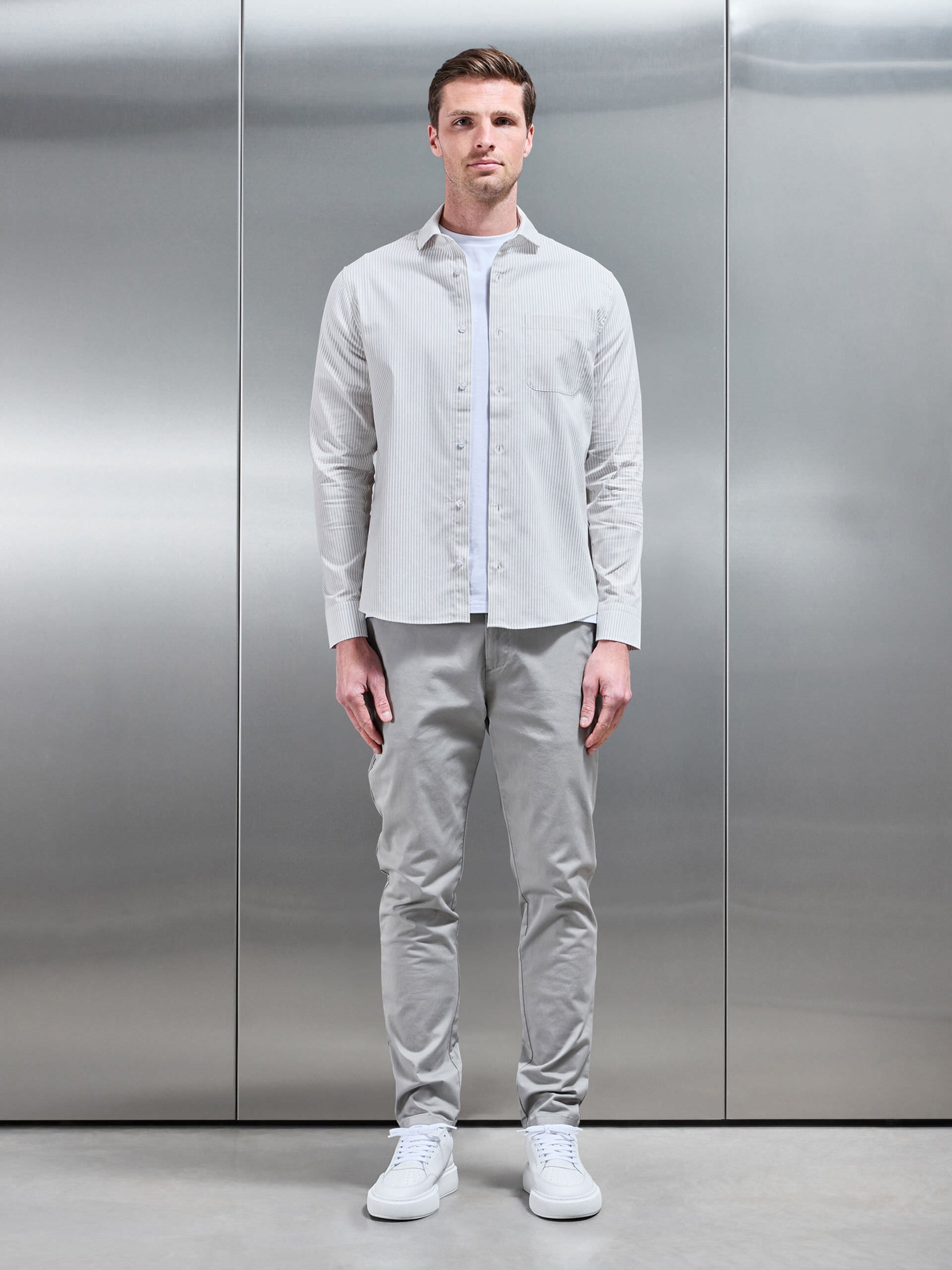 Stripe Long Sleeve Cutaway Collar Shirt in White