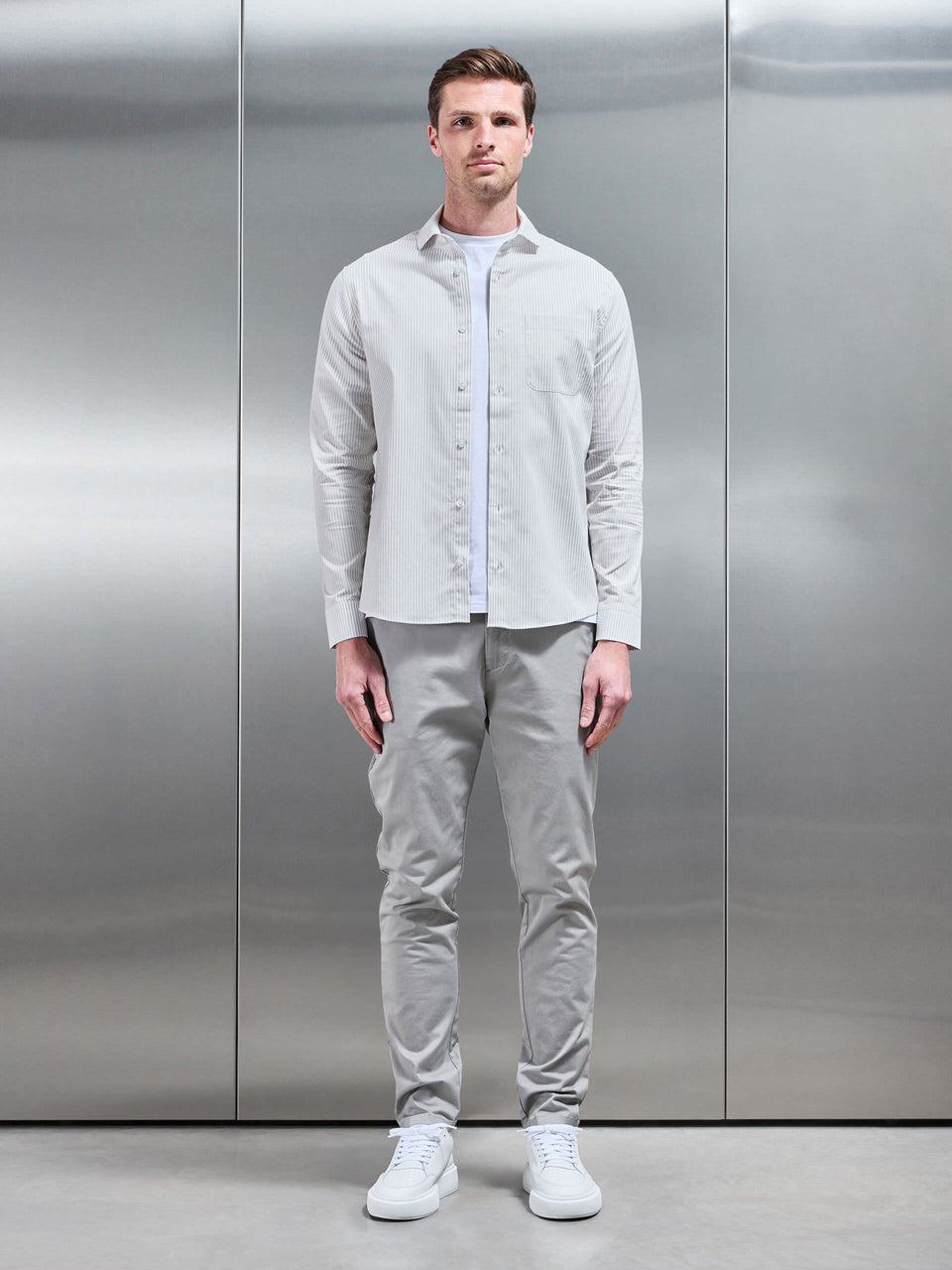 Stripe Long Sleeve Cutaway Collar Shirt in White