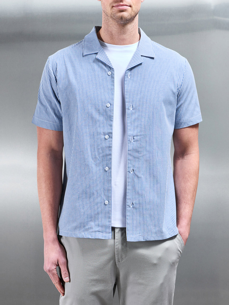 Stripe Short Sleeve Revere Collar Shirt in Blue