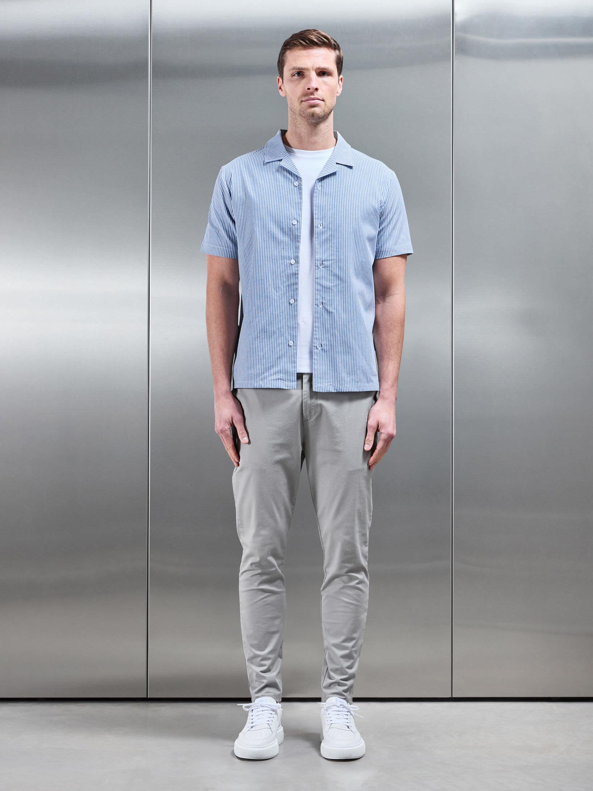 Stripe Short Sleeve Revere Collar Shirt in Blue