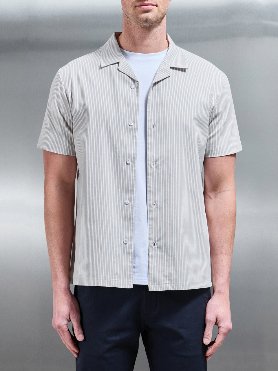 Stripe Short Sleeve Revere Collar Shirt in Stone