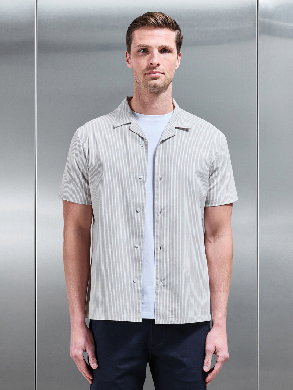 Stripe Short Sleeve Revere Collar Shirt in Stone