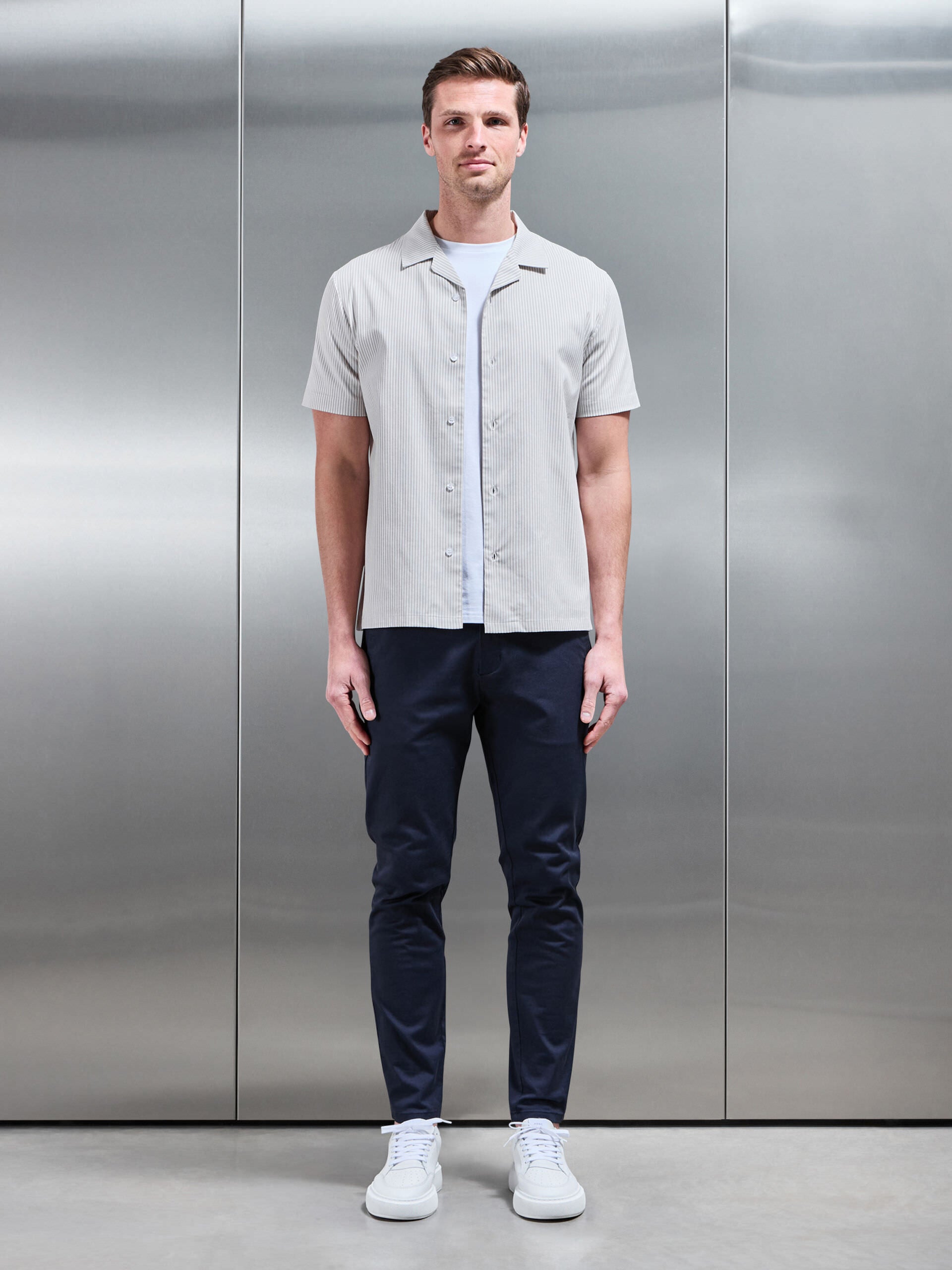 Stripe Short Sleeve Revere Collar Shirt in Stone