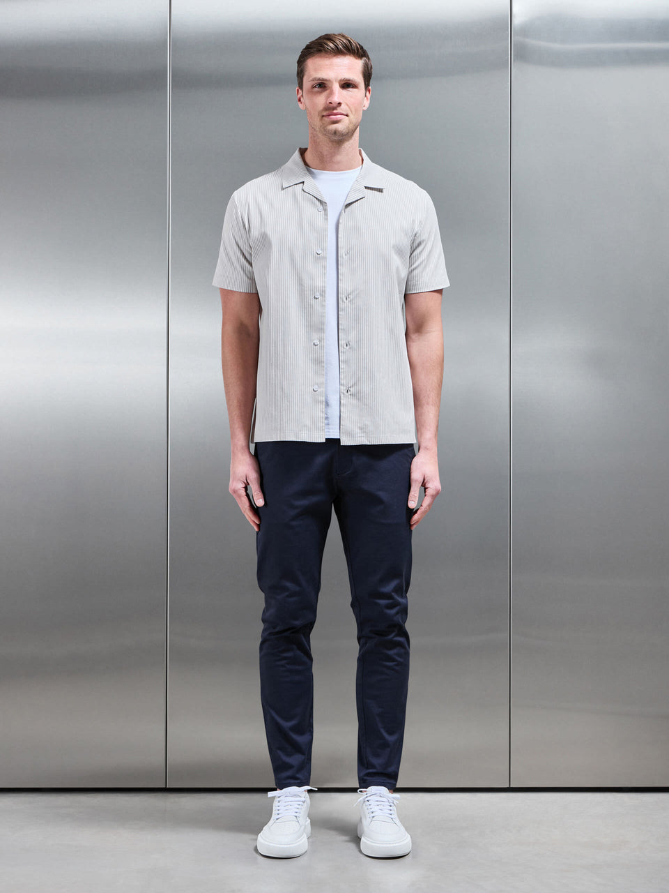 Stripe Short Sleeve Revere Collar Shirt in Stone