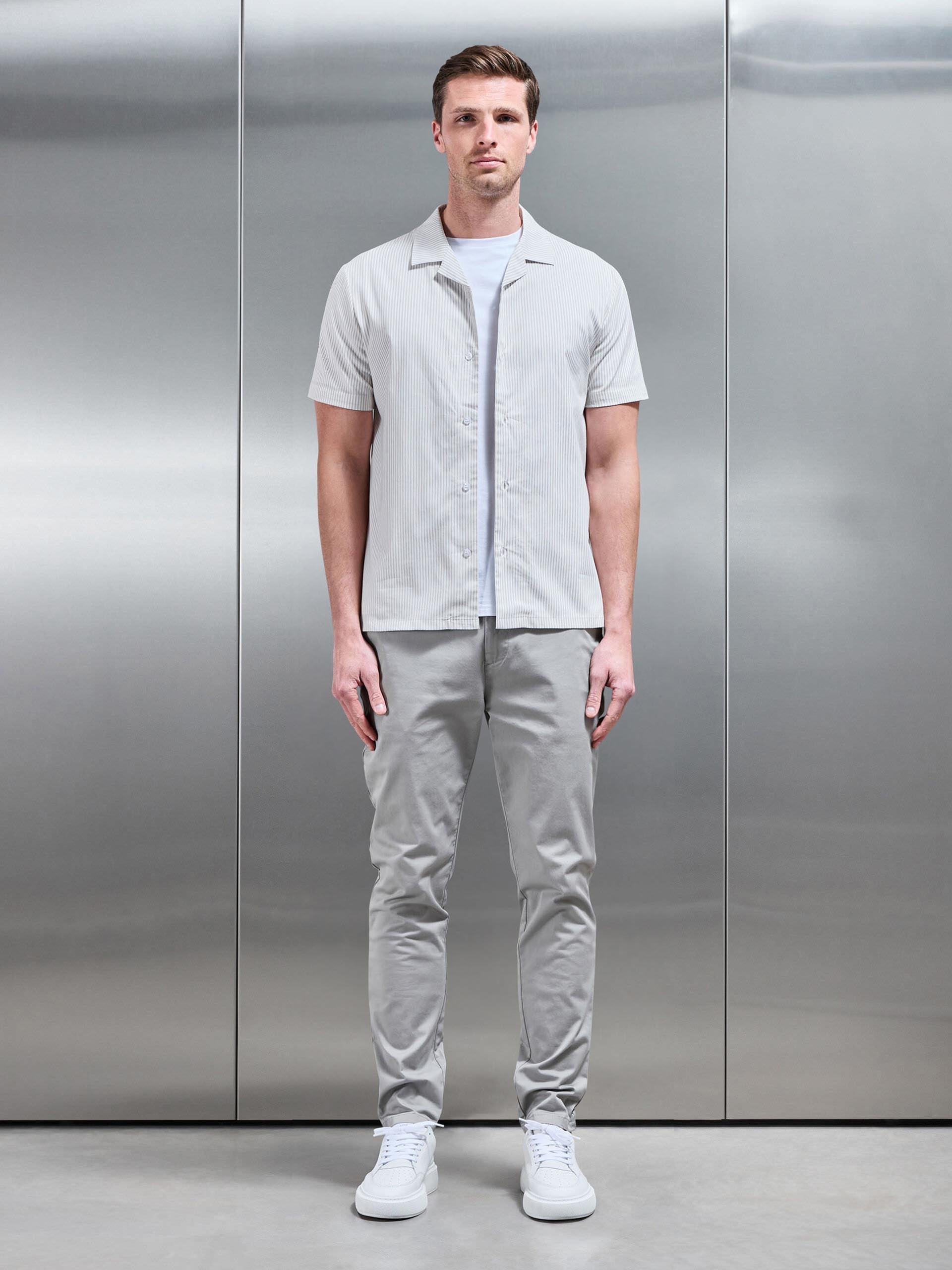 Stripe Short Sleeve Revere Collar Shirt in White