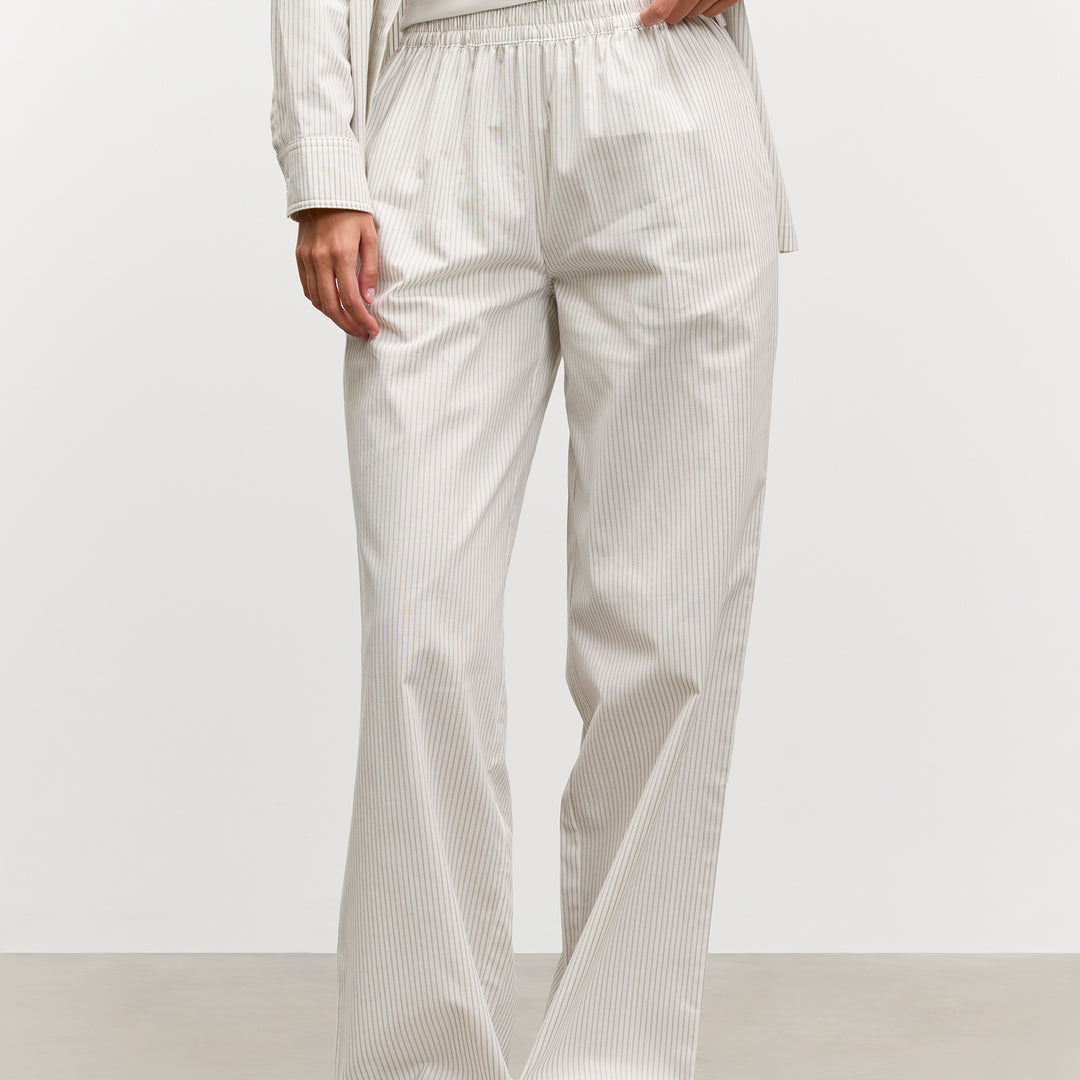 Womens Pull On Stripe Cotton Trouser in Stone