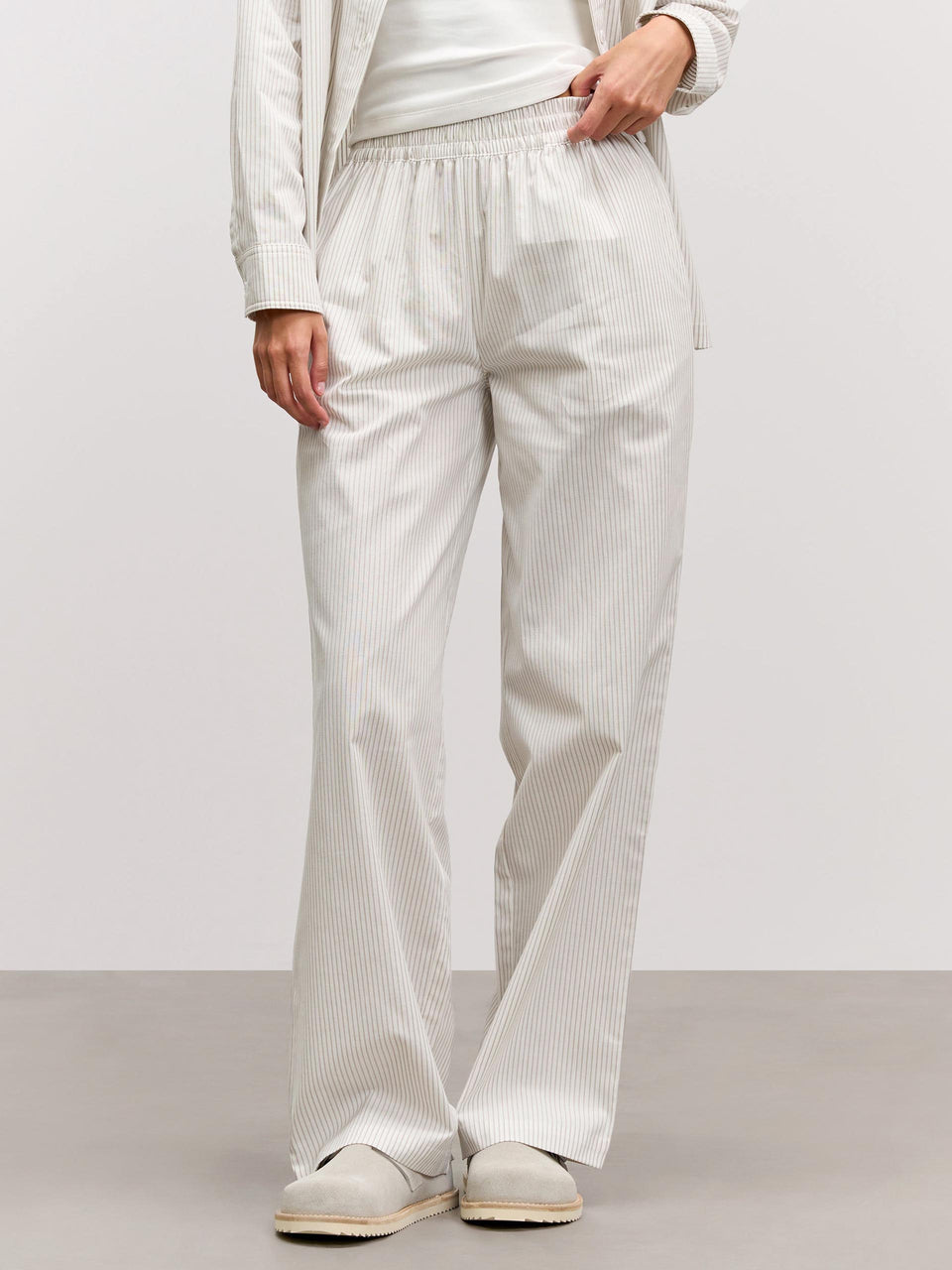 Womens Pull On Stripe Cotton Trouser in Stone