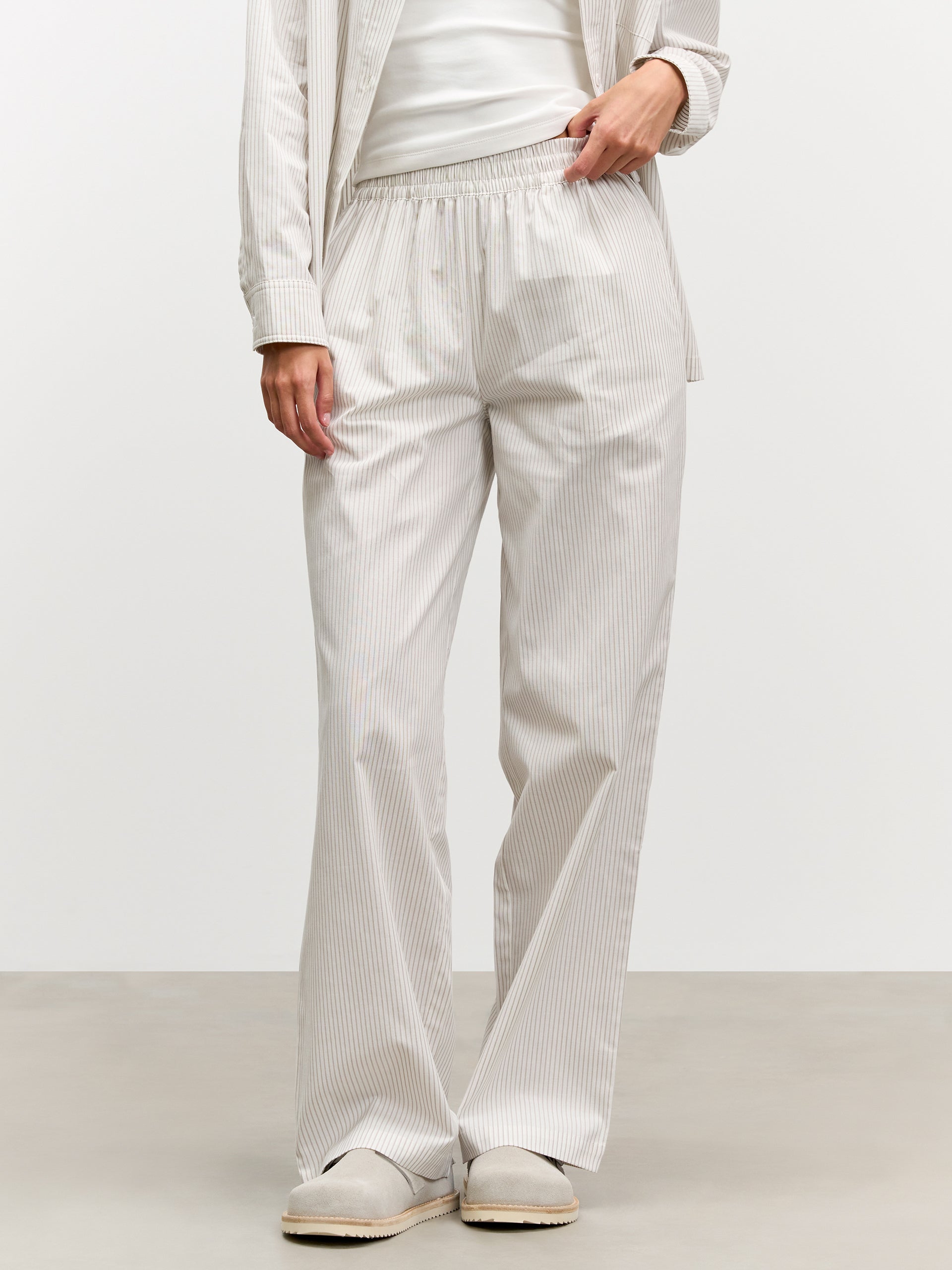 Womens Pull On Stripe Cotton Trouser in Stone