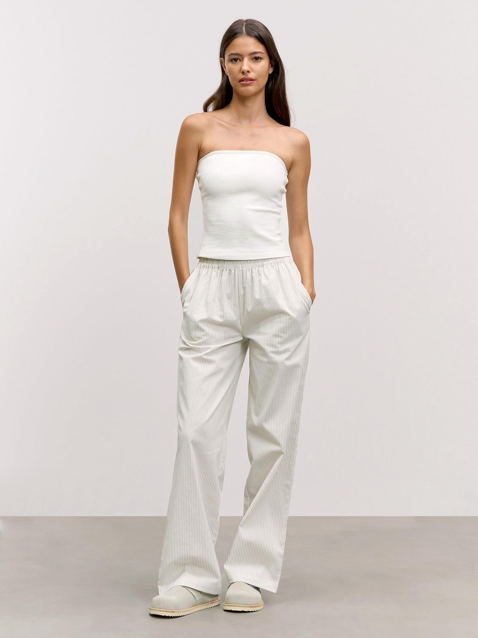 Womens Pull On Stripe Cotton Trouser in Stone