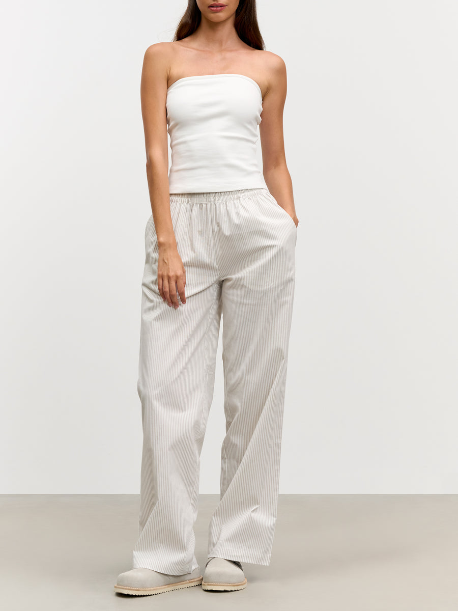 Womens Pull On Stripe Cotton Trouser in Stone