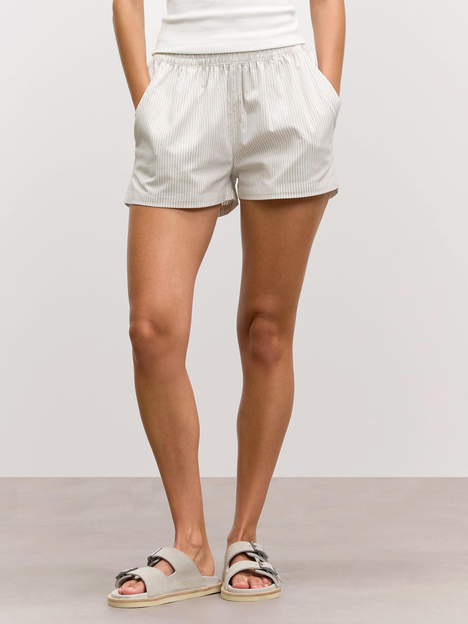 Womens Pull On Stripe Cotton Short in Stone