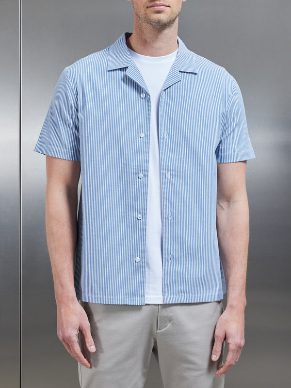 Stripe Short Sleeve Revere Collar Shirt in Blue
