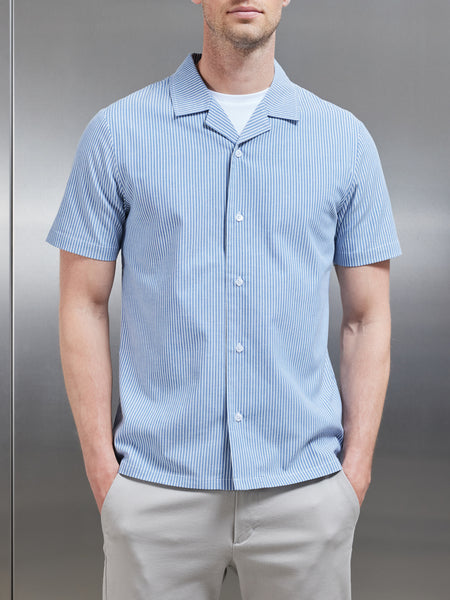 Stripe Short Sleeve Revere Collar Shirt in Blue