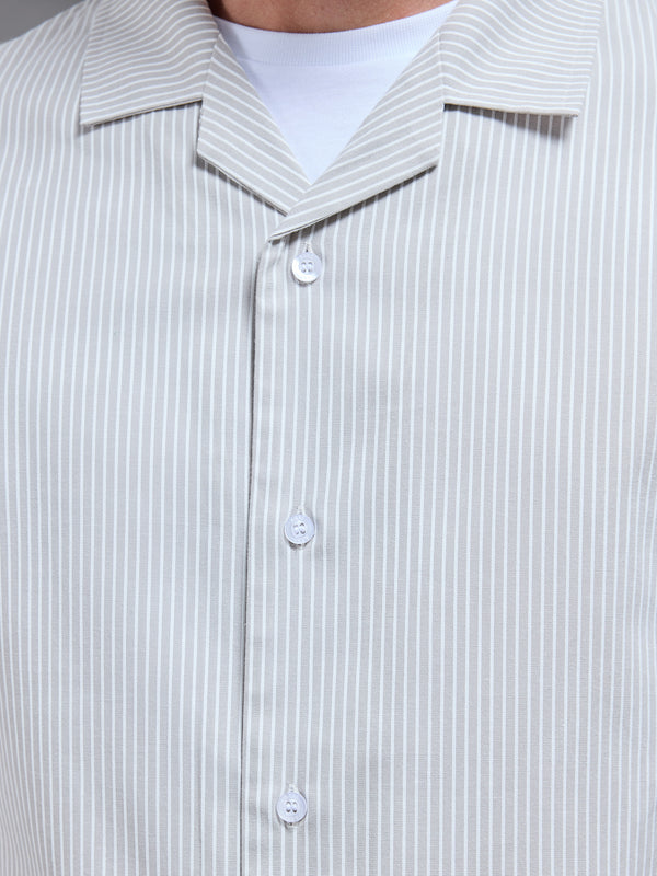 Stripe Short Sleeve Revere Collar Shirt in Stone