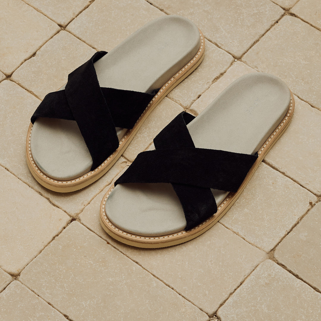 Suede Crossover Slides in Black