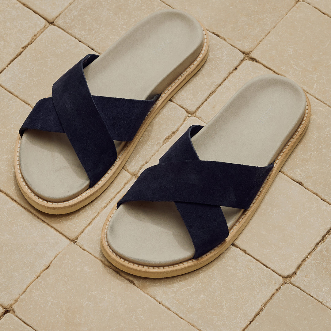 Suede Crossover Slides in Navy