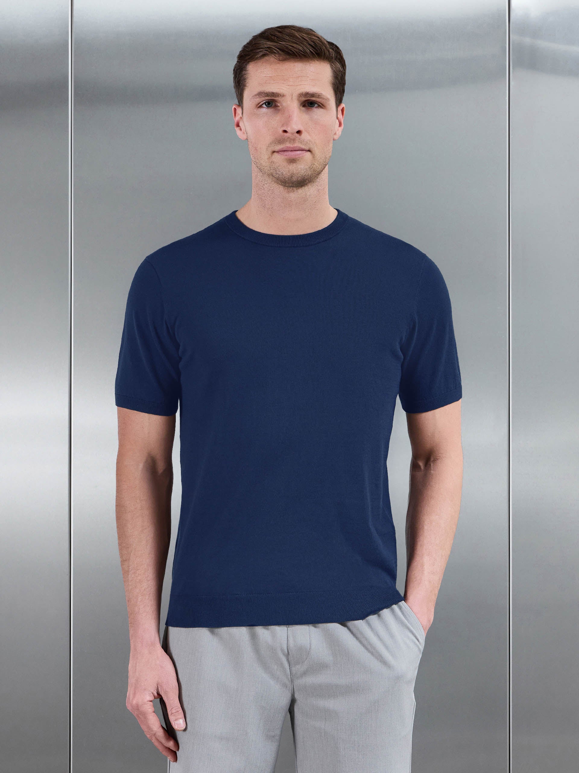 Summer Cotton Knitted T-Shirt in Navy