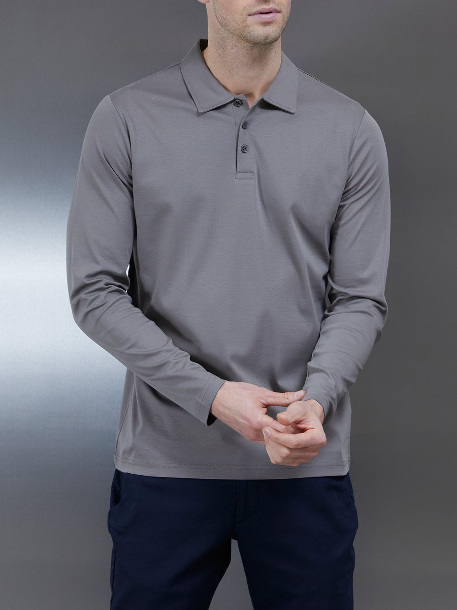 Supima Cotton Long Sleeve Button Polo Shirt in Dark Stone