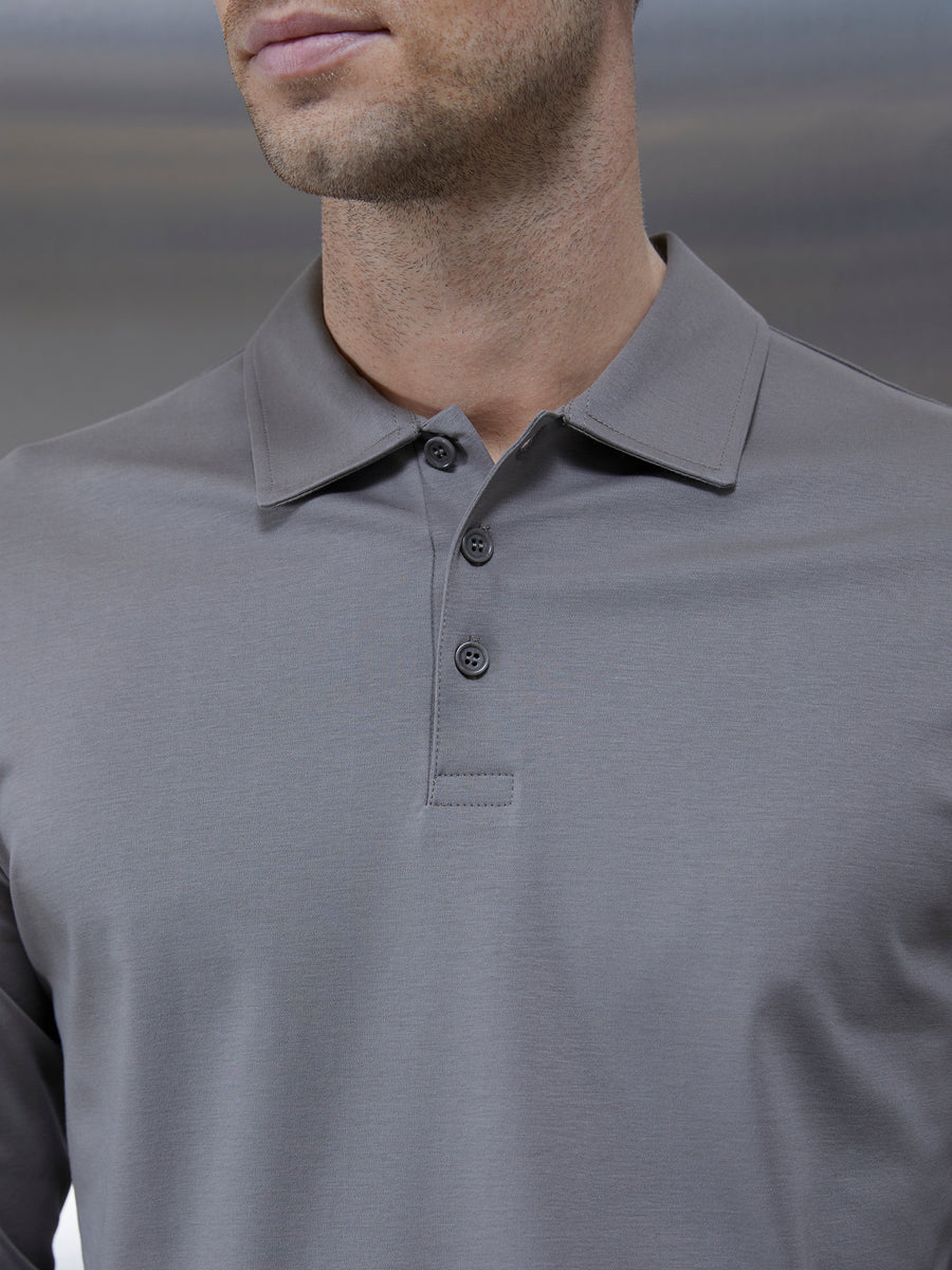 Supima Cotton Long Sleeve Button Polo Shirt in Dark Stone