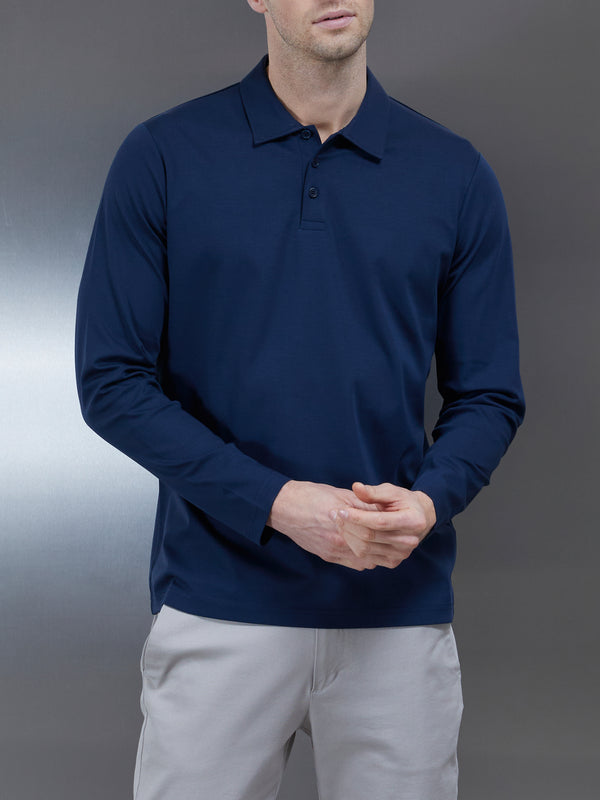 Supima Cotton Long Sleeve Button Polo Shirt in Navy